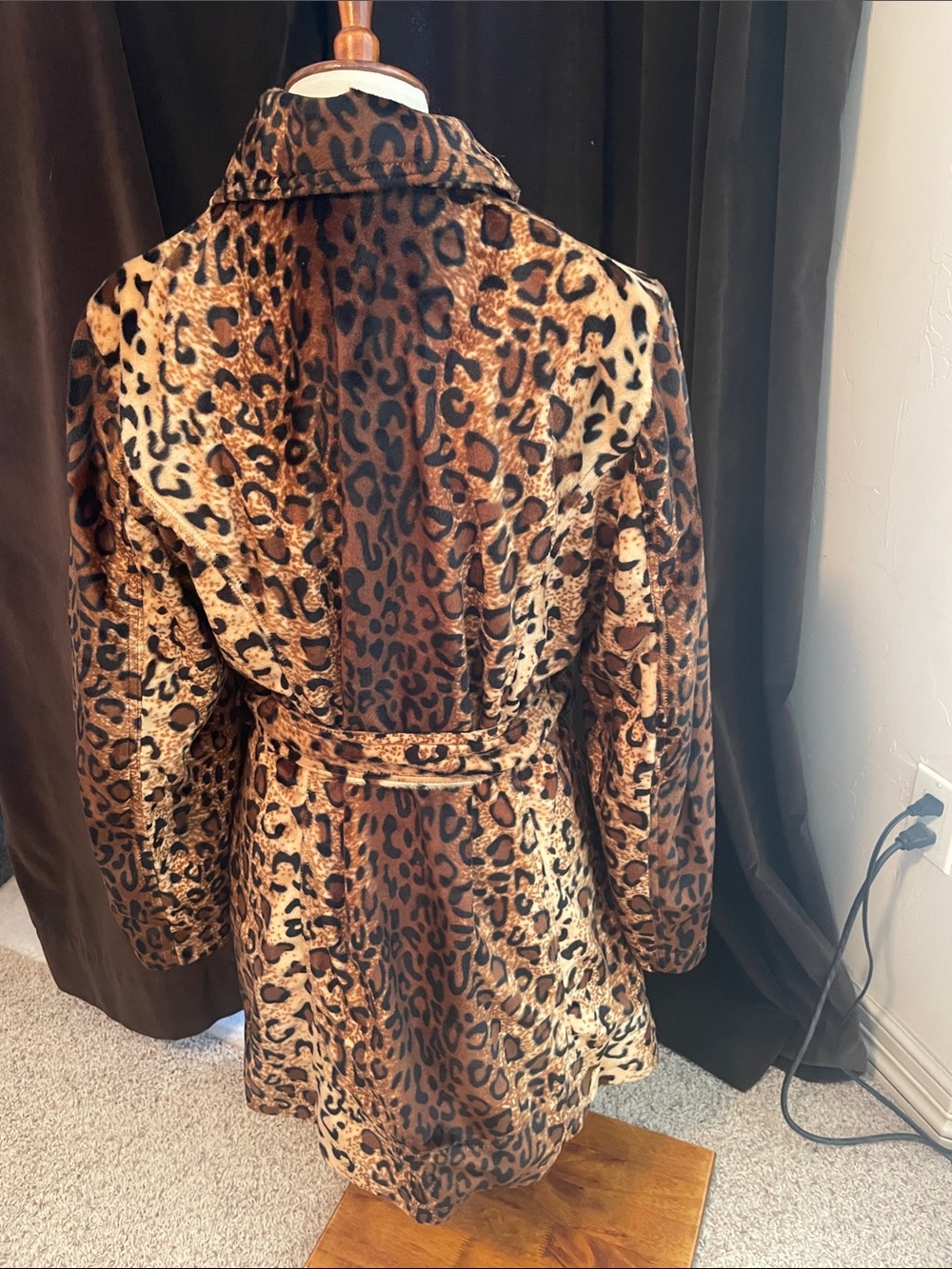 VENUS Leopard Print Belted Faux Fur Pea Coat - Brown - Picture 4 of 5